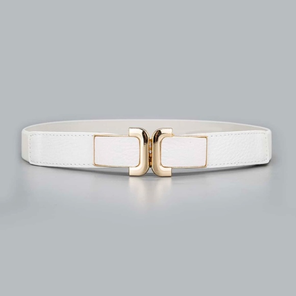 Rouge! Accessories - White Faux, Vegan Leather Detail Gold Tone Buckle Elastic Skinny Belt